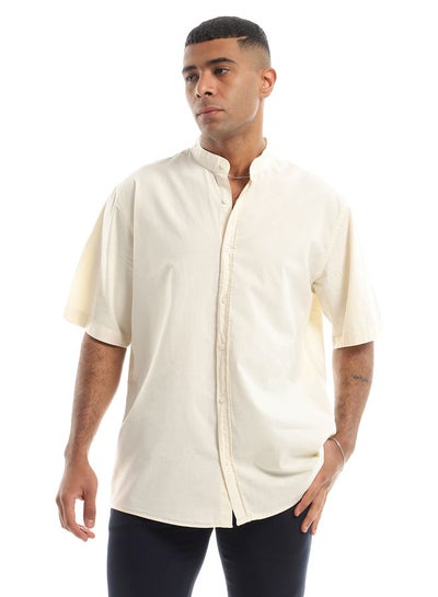 Buy 97198 Solid Cream Henley Shirt With Short Sleeves in Egypt