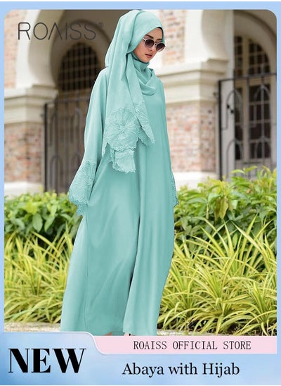 Buy 2Pcs-Women's Robe Dress Solid Color Floral Embroidery Lace Edge With Same Headscarf in UAE