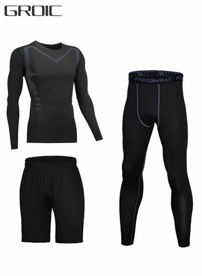 Buy Men Workout Compression Set, Shirt Pants Top Long Sleeve 3 Pieces Sports Suits Tight Base Layer Quick Dry Fitness Tracksuit Gym Suits in UAE