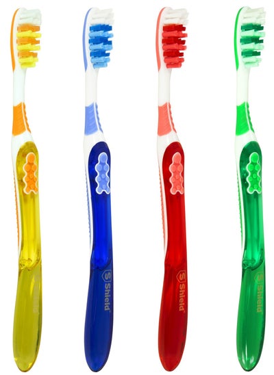 اشتري Shield Care Toothbrush Dual Pro with Multi-Level Filaments, Anti-Slip Grip (Expert Care - Medium Bristles) Adults - Yellow, Red, Blue, Green - 4 Count (Pack of 1) في الامارات