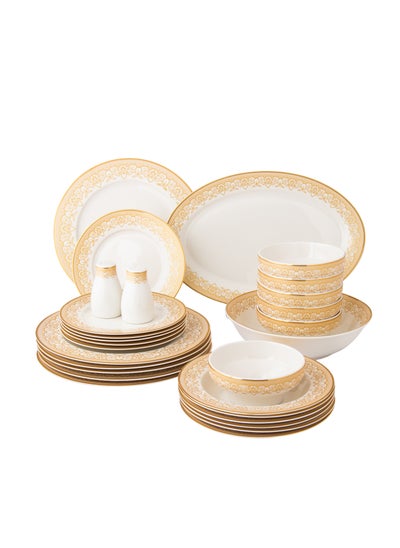 Buy 28-piece porcelain dining set with golden font, suitable for 6 people in Saudi Arabia