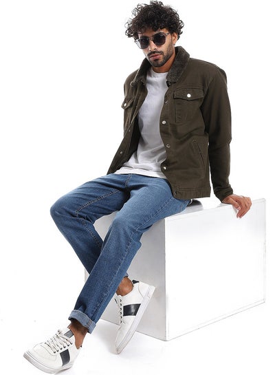 Buy Long Sleeves Multi Pockets Fur Padderd Jacket _ Olive Green in Egypt