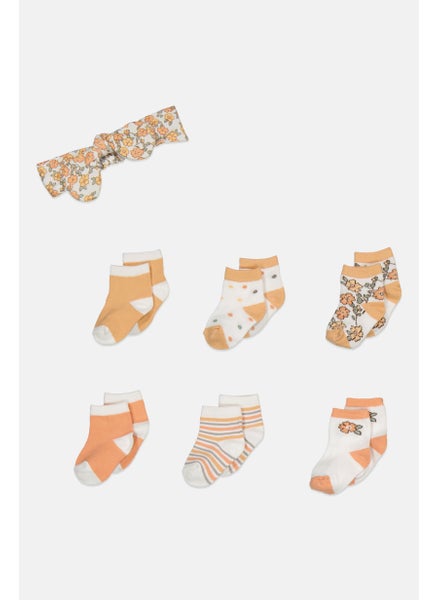 Buy Toddlers Girl 6 Pairs Socks With Headband, White/Beige Combo in UAE