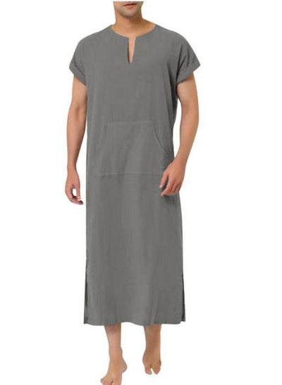 اشتري Men's Muslim Solid Color Loose Robe Thobe Short Sleeve Side Split Kaftan Grey في السعودية