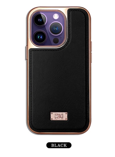 Buy Hdd Leather back cover with a scratch resistant gold plated frame and a golden frame to protect the camera compatible with iPhone 15 Pro Max (Black) in Egypt