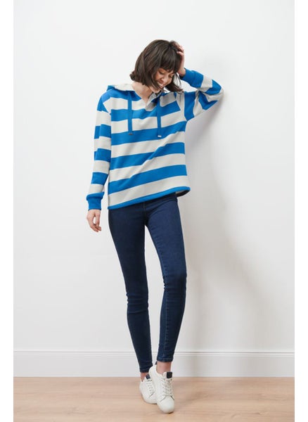 Buy Women Hooded Long Sleeves Stripe Sweatshirt, Blue/White in UAE