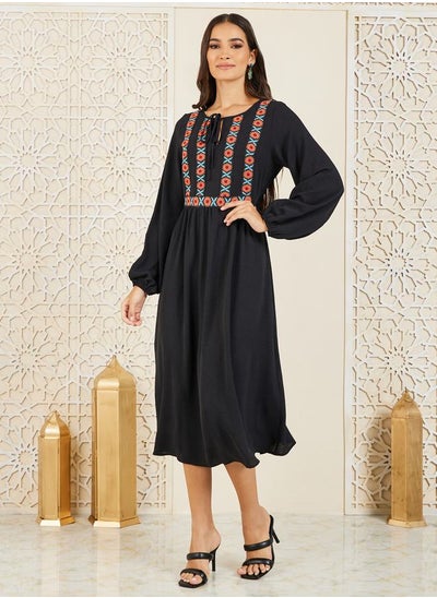 Buy Embroidered Tie Up Neck A-Line Shift Midi Dress in Saudi Arabia