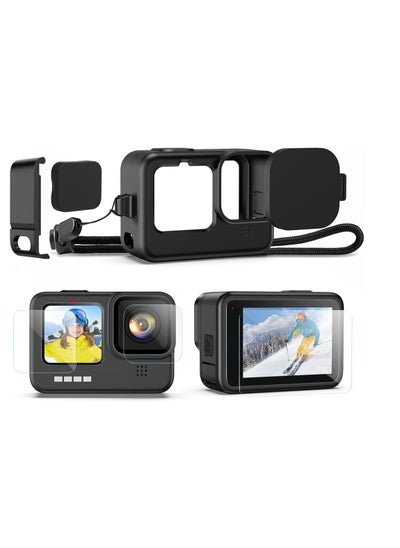 Buy Silicone Sleeve with Lanyard and 6 Pcs Tempered Glass Screen Lens Protector for GoPro Hero 10 Black in Saudi Arabia