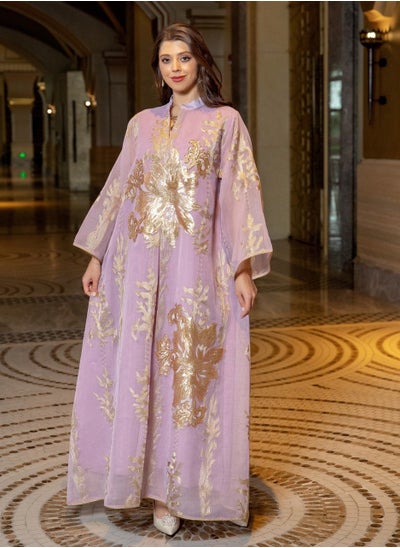 Buy Stylish New Design Pink Gold Beaded Embroidery Chiffon Muslim Women's Jalabiya Dubai Abaya in UAE