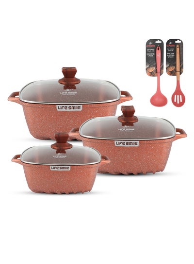 Buy Non Stick Cookware Sets - 8-Piece Square Granite Cookware Set Kitchen Pots and Pans Set Includes 20/24/28cm Stock Pots - Healthy 100% PFOA & PFAS Free GRAY in UAE