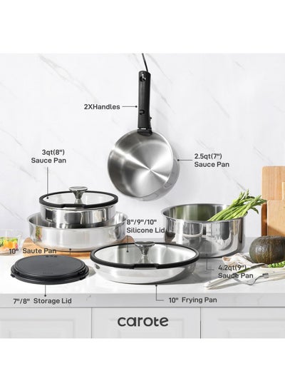 اشتري CAROTE 12pcs Pots and Pans Set, Glossy Stainless Steel Cookware Set, Induction Kitchen Cookware Sets with Removable Handle, RV Cookware Set, Oven Safe, Camping Cookware, Black في الامارات