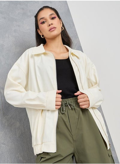 اشتري Oversize Solid Collared Zip Up Jacket في السعودية