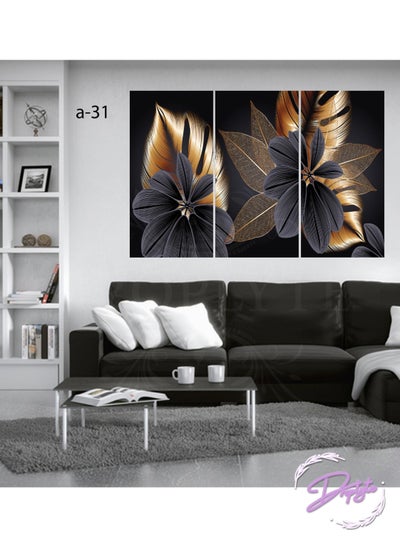 اشتري 3 Piece Golden Abstract Flowers Decorative Wall Art Wall Decor Card Board MDF Home Decor for Living Room, Drawing Room, Office Room and Bedroom 120CM x 80CM في السعودية