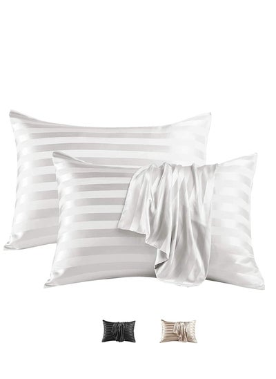 Buy 100% Pure Mulberry Queen Pillowcase 2-Piece Pillow Cases (White Striped) in Saudi Arabia