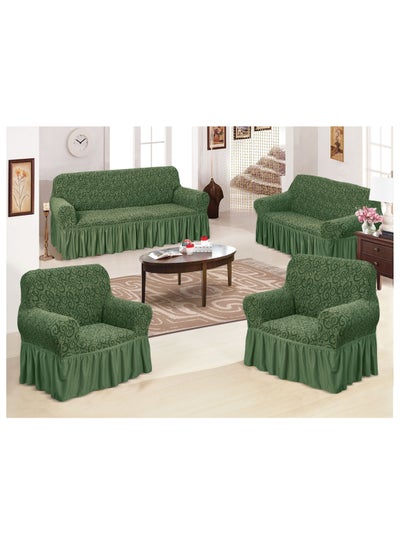 Buy 4-Piece Stretchable Sofa Cover Set Jacquard Fabric Seven Seater Couch Cover Set 3211 Combination Olive Green in UAE