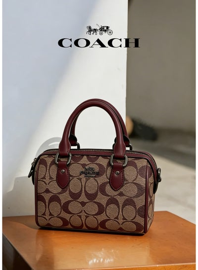 Coach Mini Boston Bag in Signature Canvas with Maroon Leather