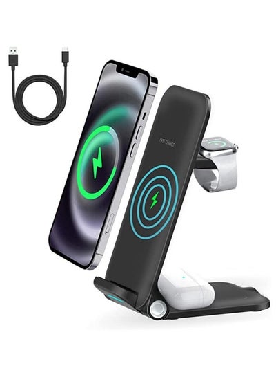 Buy Wireless Charger 3 in 1 Fast Wireless Charging 15W Foldable Charging Stand Compatible for iWatch Series 7/6/5/4/3/2/SE iPhone 14/13/12/11/X/SE/8 in Saudi Arabia