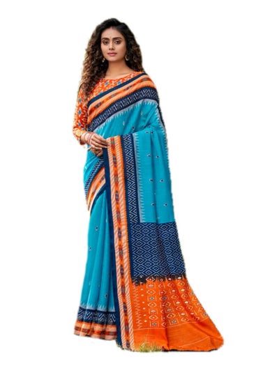 اشتري Cotton Handloom Blue Printed Saree With Orange Border Plus Unstitched Blouse في الامارات