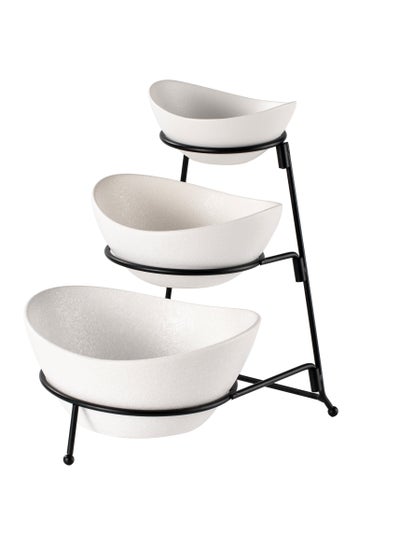 اشتري Shallow Porcelain 3-Tier Serving Bowl Set with Black Stand Rack - 13cm, 15cm, 19cm في الامارات