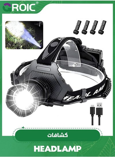 اشتري LED Headlamp Rechargeable, Upgraded 30W Super Bright Head Lamp100000 High Lumen with 6 Modes, Zoomable, IPX6 Waterproof Headlamps for Outdoor Hiking, Camping, Running, Fishing, Hunting في الامارات