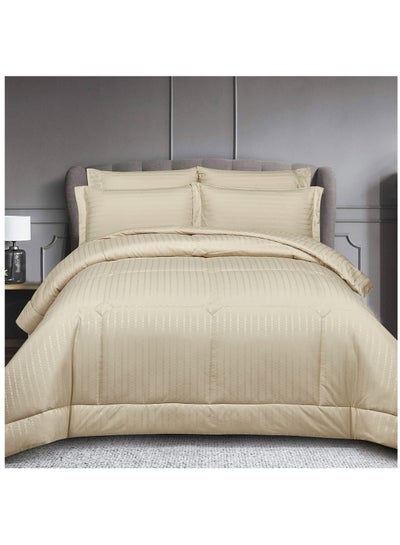 Buy Hotel Style Comforter 6-Pcs Double Size Quilted Comforter Pinstripe Italian Jacquard With Non-Removable Quilt Brushed Microfiber Soft Down Alternative Filling, Beige in Saudi Arabia