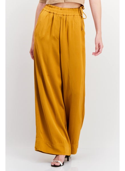 Buy Women Regular Fit Solid Wide Leg Pants, Mustard in UAE