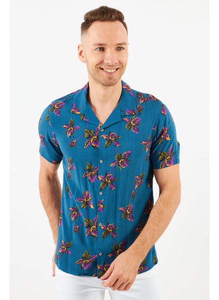 اشتري Men Regular Fit Spread Collar Short Sleeve Floral Print Casual Shirt, Blue Combo في السعودية