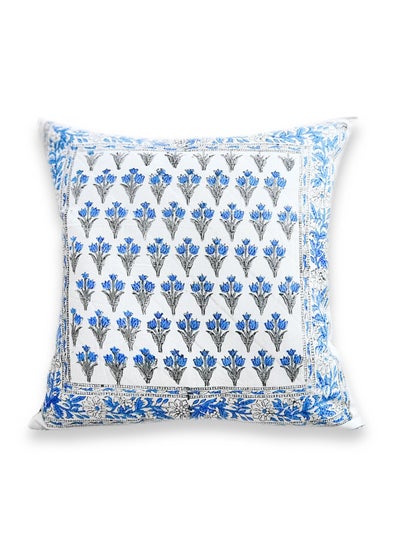 Buy Premium Organic Cotton Quilted Blue Breeze Hand Block Printed Non-Allergenic Cushion Cover 40x40 cm in UAE