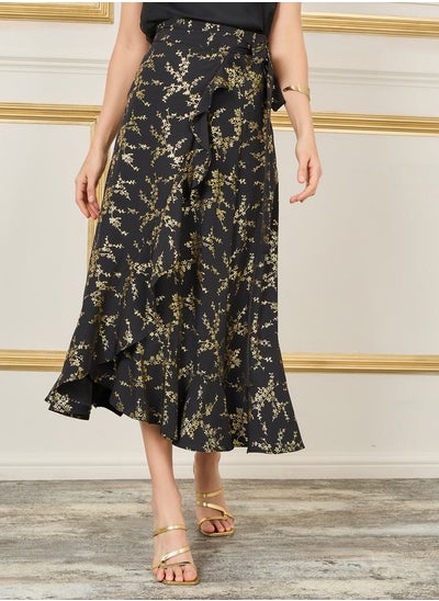 Buy Foil Print Ruffle Hem Asymmetric Wrap Skirt in Saudi Arabia