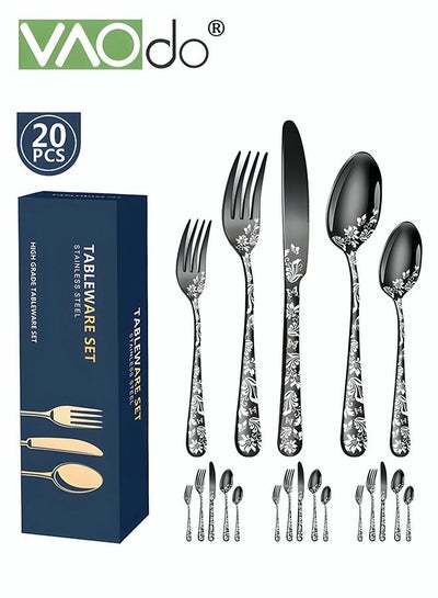 Buy 20PCS Stainless Steel Cutlery Set Butterfly Silverware Set Service for 4 Stainless Steel Flatware Set with Steak Knives Mirror Polished Cutlery Set Black in UAE
