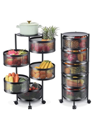 اشتري 5 Layer Metal Kitchen Rotating Storage Rack Round Fruit, Vegetable, Onion, Spices, Jars Kitchen Basket Organizer Holder - Black في الامارات