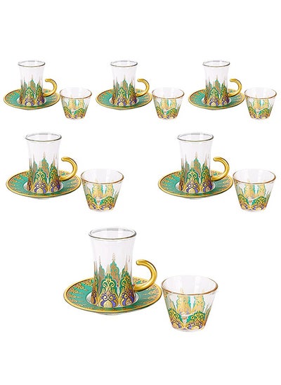 Buy 18-Piece Turkish Tea Coffee Cup Vintage And Luxury Glass Set With Saucer Green Golden in UAE