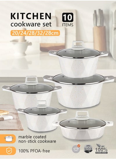 Buy 10-Piece Kitchen Cookware set, Casserole Set And Frying Pan With Non Stick Cookware sets ,Finish Glass lid PFOA-Free  20-24-28-32 cm (Deep Stockpot) + 28 cm (shallow Stockpot)（White） in Saudi Arabia