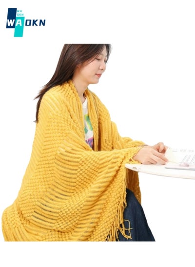 Buy Acrylic Fiber Knitted Blanket 130x180 cm, Soft Air-conditioned Blanket, Hand-woven Sofa Blanket, Light and Breathable Nap Warm Knitted Blanket (Yellow) in Saudi Arabia