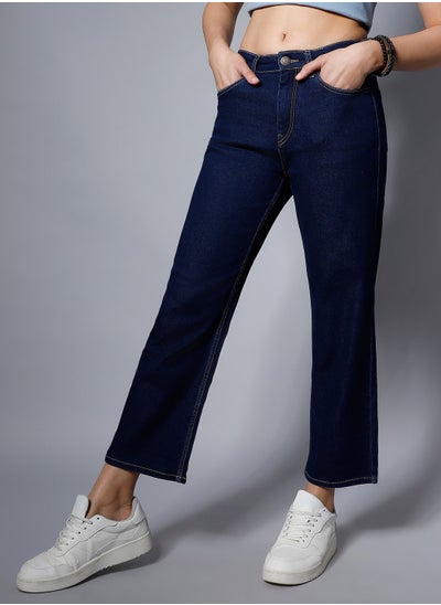 Buy Women Blue Dad Fit High-Rise Clean Look Stretchable Jeans in UAE