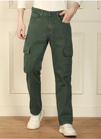 Buy Mid Rise Relaxed Fit Solid Cargo Jeans in Saudi Arabia