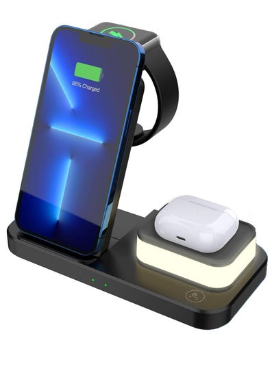 اشتري Wireless Charger for iPhone 15/14/13/Pro/Mini/Max/12/11/XS/XR/X/8/Samsung, 3 in 1 Charging Station Dock Stand with Night Light for Apple iwatch 8/Ultra/7/SE/6/5/4/3/2, For AirPods 3/2/Pro Black في الامارات