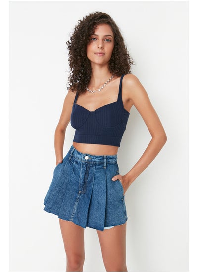 Buy Blue Pleated Normal Waist Denim Shorts Skirt in Egypt