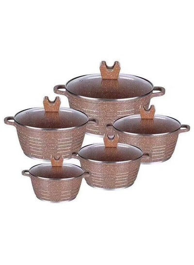 Buy High Temperature Resistant Inner and Outer Granite Coated Non-Stick Cookware Set of 12 Pieces (BROWN) in Saudi Arabia