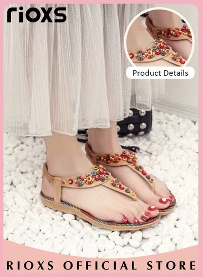 Buy Women's Summer Bohemian Sandals Comfortable Fashion Ankle Strap Slip-on Flats Non-Slip Soft Sole Beach Sandals in Saudi Arabia