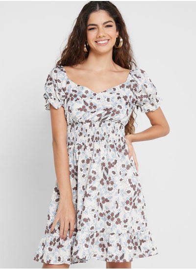 Buy Puff Sleeve Printed Dress in Saudi Arabia