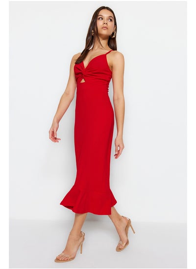 Buy Red Crepe Fitted Strap Cut Out Detailed Flounce Sweetheart Neckline Mini Knitted Dress TWOSS23EL02097 in Egypt