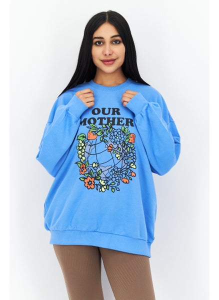 Buy Women Crew Neck Graphics Print Sweatshirt, Blue/Black in Saudi Arabia