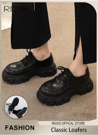 اشتري Women's Girls Casual Leather Chunky Platform Loafers Classic Round Toe Lace-up Penny Shoes for Women to Daily Wearing for School or Work في السعودية