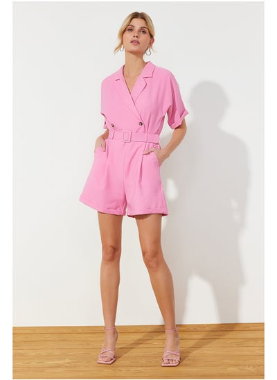 Buy Pink Belted Ribbed Collar Mini Woven Jumpsuit TWOSS19WX0112 in Egypt