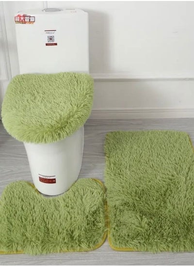 Buy Set of 3pcs Plush Bathroom Bath Mat Anti Slip, Grass Green Color in UAE