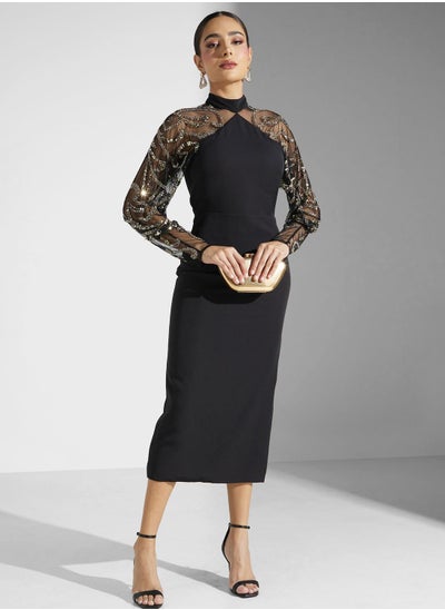 Buy Boat Neck Mesh Detail Dress in Saudi Arabia