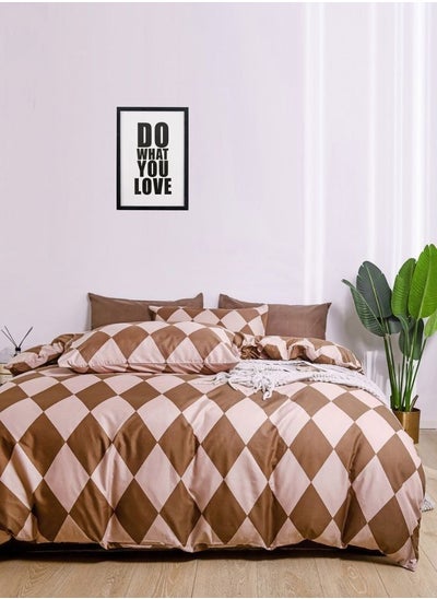 Buy Rhombs Design Brown Color Without Filler Queen/Double size Bedding Set Includes 1xDuvet Cover 200x230cm, 1xFlat Sheet 230x250cm, 4xPillow Cases 50x75cm in UAE