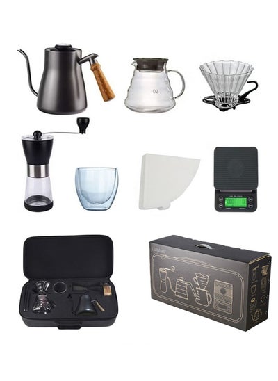 Buy 7 in 1 V60 Pour Over Coffee Set With Timing Electronic Scale, Coffee Kettle with thermometer, Bean Grinder, Dripping Cup, Hand Brewed Coffee Pot, Coffee Glass Cup and Filter Paper, Black in Saudi Arabia