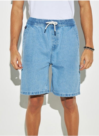 Buy Lee Cooper Solid Denim Shorts with Drawstring Closure and Pockets in Saudi Arabia